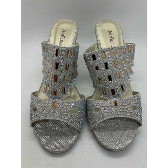 John Fashion Women's Silver Rhinestone Beaded Open Toe Wedge Heel Size 7 - Picture 1 of 11